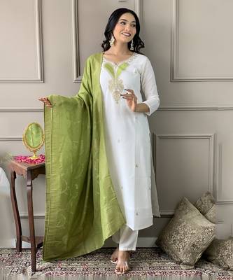 White Embroidered Viscose Blend Straight Kurta Pant and Dupatta Set 1