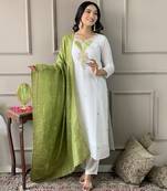 White Embroidered Viscose Blend Straight Kurta, Pant and Dupatta Set