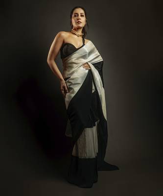 Black and Light Gold Tissue Pre-Draped Embroidered Saree 1