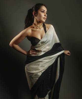Black and Light Gold Tissue Pre-Draped Embroidered Saree 6