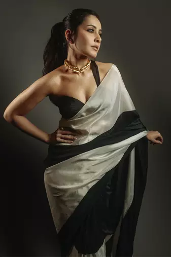 Black and Light Gold Tissue Pre-Draped Embroidered Saree