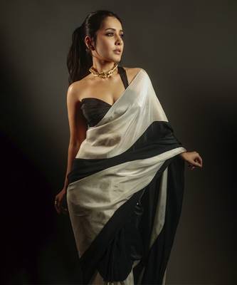 Black and Light Gold Tissue Pre-Draped Embroidered Saree 7
