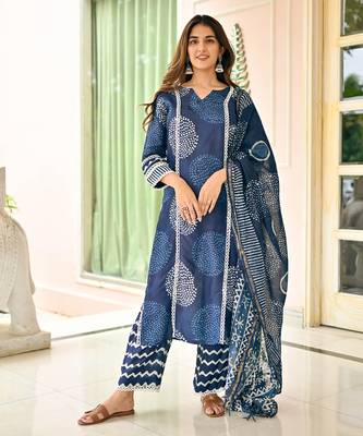 Blue cotton printed kurta with pant & dupatta 1