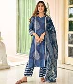 Blue cotton printed kurta with pant & dupatta