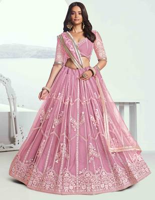 PINK NET FABRIC LEHENGA WITH SEQUINS AND THREAD EMBROIDERY WORK 1