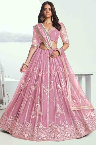 PINK COLOR NET FABRIC LEHENGA WITH SEQUINS AND THREAD EMBROIDERY WORK
