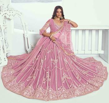 PINK NET FABRIC LEHENGA WITH SEQUINS AND THREAD EMBROIDERY WORK 2