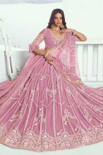 PINK NET FABRIC LEHENGA WITH SEQUINS AND THREAD EMBROIDERY WORK
