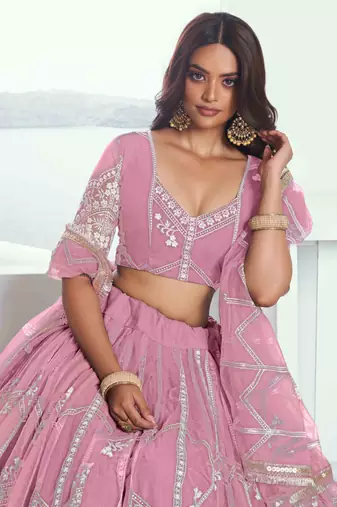 PINK NET FABRIC LEHENGA WITH SEQUINS AND THREAD EMBROIDERY WORK
