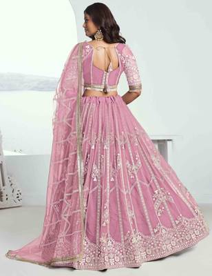 PINK NET FABRIC LEHENGA WITH SEQUINS AND THREAD EMBROIDERY WORK 4