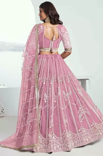 PINK NET FABRIC LEHENGA WITH SEQUINS AND THREAD EMBROIDERY WORK