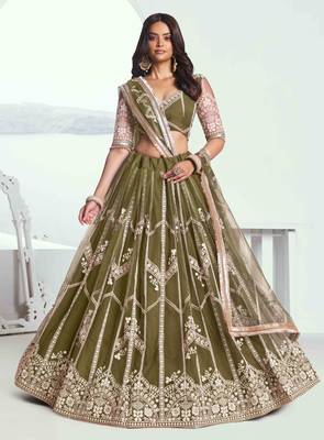 MEHANDI GREEN NET FABRIC LEHENGA WITH SEQUINS AND THREAD EMBROIDERY WORK 1