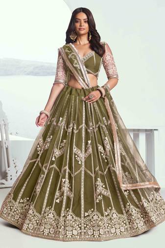 MEHANDI GREEN COLOR NET FABRIC LEHENGA WITH SEQUINS AND THREAD EMBROIDERY WORK