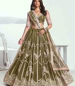MEHANDI GREEN NET FABRIC LEHENGA WITH SEQUINS AND THREAD EMBROIDERY WORK