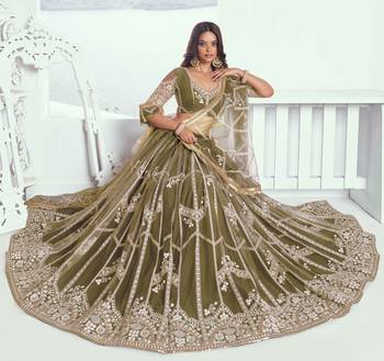 MEHANDI GREEN NET FABRIC LEHENGA WITH SEQUINS AND THREAD EMBROIDERY WORK 2