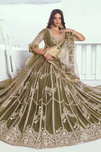 MEHANDI GREEN NET FABRIC LEHENGA WITH SEQUINS AND THREAD EMBROIDERY WORK