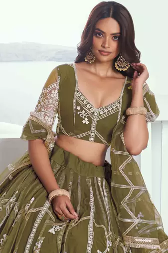 MEHANDI GREEN NET FABRIC LEHENGA WITH SEQUINS AND THREAD EMBROIDERY WORK