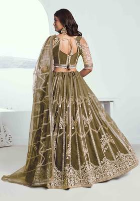 MEHANDI GREEN NET FABRIC LEHENGA WITH SEQUINS AND THREAD EMBROIDERY WORK 4