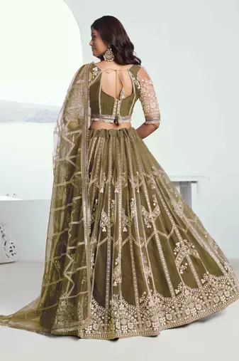 MEHANDI GREEN NET FABRIC LEHENGA WITH SEQUINS AND THREAD EMBROIDERY WORK