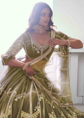 MEHANDI GREEN NET FABRIC LEHENGA WITH SEQUINS AND THREAD EMBROIDERY WORK 5