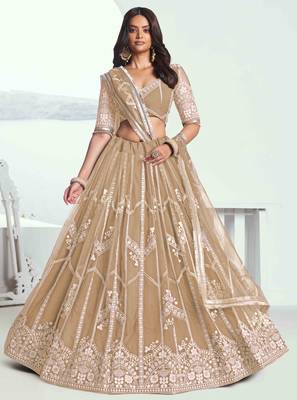 BEIGE NET FABRIC LEHENGA WITH SEQUINS AND THREAD EMBROIDERY WORK 1