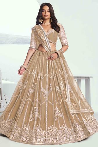 BEIGE COLOR NET FABRIC LEHENGA WITH SEQUINS AND THREAD EMBROIDERY WORK