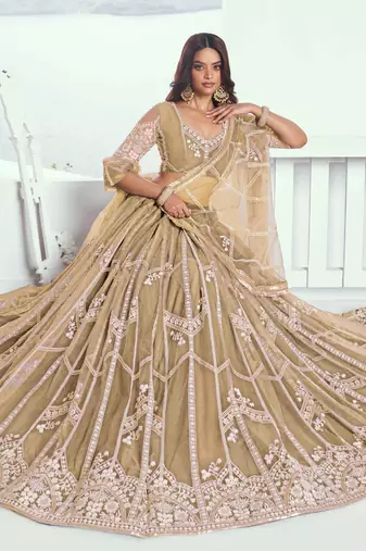 BEIGE NET FABRIC LEHENGA WITH SEQUINS AND THREAD EMBROIDERY WORK