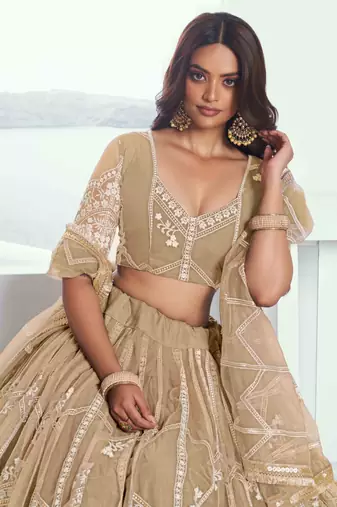 BEIGE NET FABRIC LEHENGA WITH SEQUINS AND THREAD EMBROIDERY WORK