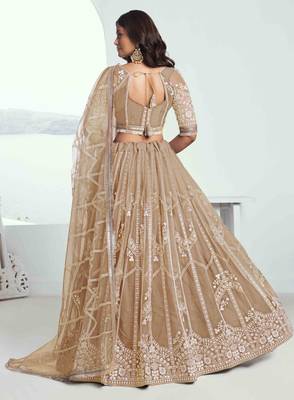 BEIGE NET FABRIC LEHENGA WITH SEQUINS AND THREAD EMBROIDERY WORK 4