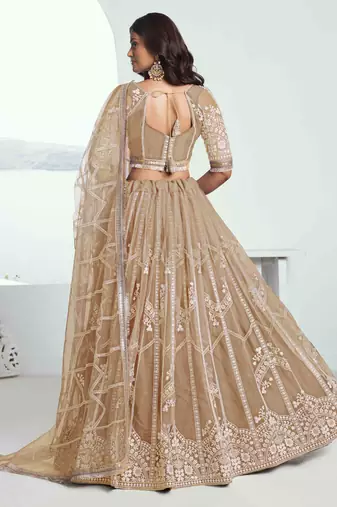 BEIGE NET FABRIC LEHENGA WITH SEQUINS AND THREAD EMBROIDERY WORK