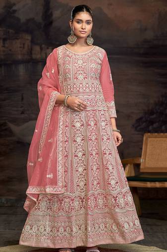 Designer net embroidered peach anarkali salwar kameez