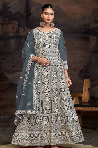 net embroidered grey anarkali salwar kameez