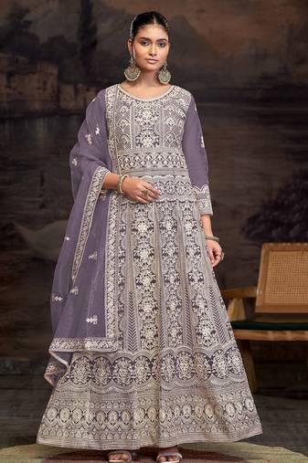 Designer net embroidered purple anarkali salwar kameez