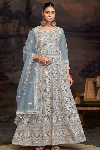Designer net embroidered light blue anarkali salwar kameez