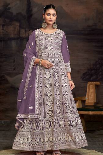 Designer net embroidered purple anarkali salwar kameez