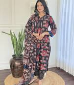 Cotton Fabric Printed work Straight cut Kurta, Pant and Dupatta Set