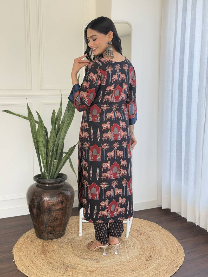 Cotton Fabric Printed work Straight cut Kurta, Pant and Dupatta Set