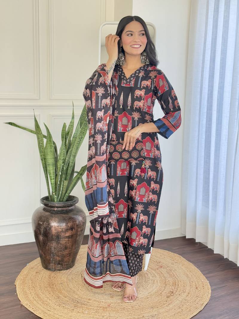 Cotton Fabric Printed work Straight cut Kurta, Pant and Dupatta Set