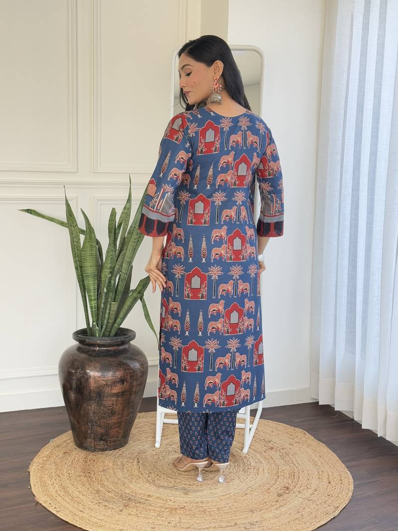 Cotton Fabric Printed work Straight cut Kurta, Pant and Dupatta Set