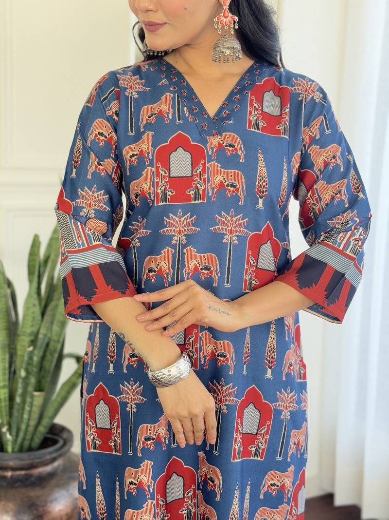 Cotton Fabric Printed work Straight cut Kurta, Pant and Dupatta Set