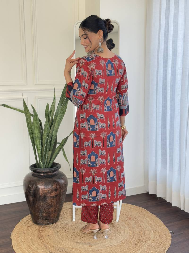 Cotton Fabric Printed work Straight cut Kurta, Pant and Dupatta Set