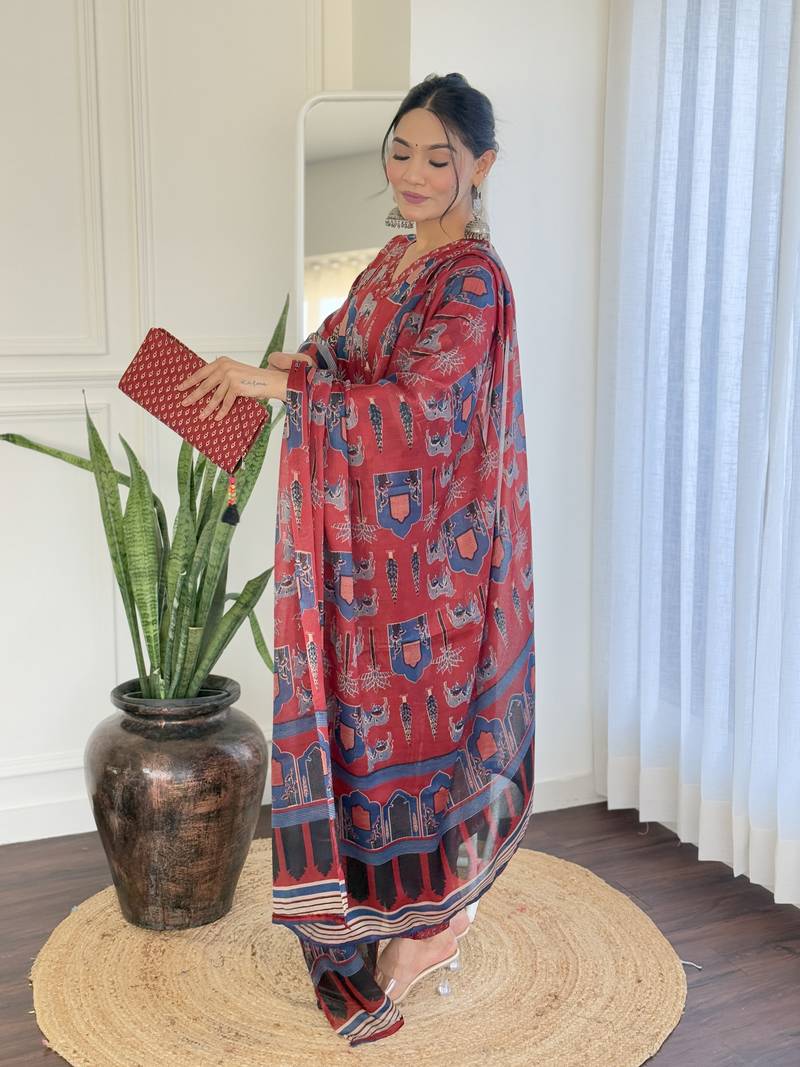 Cotton Fabric Printed work Straight cut Kurta, Pant and Dupatta Set