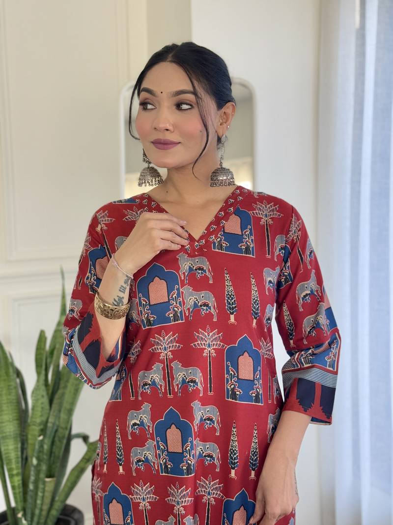 Cotton Fabric Printed work Straight cut Kurta, Pant and Dupatta Set