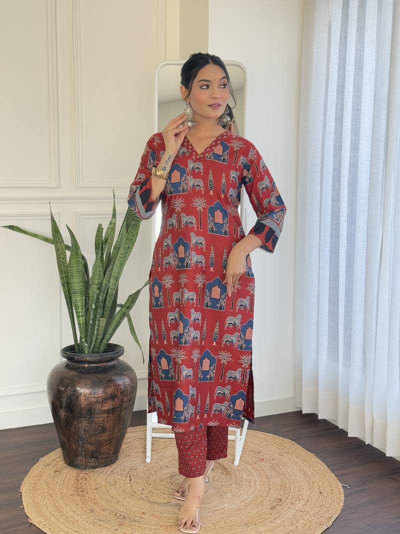 Cotton Fabric Printed work Straight cut Kurta, Pant and Dupatta Set