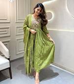 Green Women's Cotton Pleated Kurta Pant and Dupatta Set