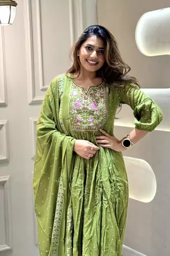 Green Women's Cotton Pleated Kurta Pant and Dupatta Set