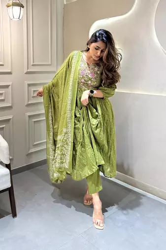 Green Women's Cotton Pleated Kurta Pant and Dupatta Set