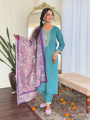 Blue Women's Viscose Chanderi Fabric Straight Kurta, Pant and Dupatta Set 1