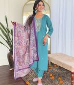 Blue Women's Viscose Chanderi Fabric Straight Kurta, Pant and Dupatta Set