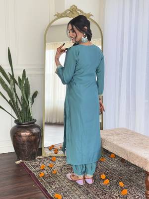 Blue Women's Viscose Chanderi Fabric Straight Kurta, Pant and Dupatta Set 2
